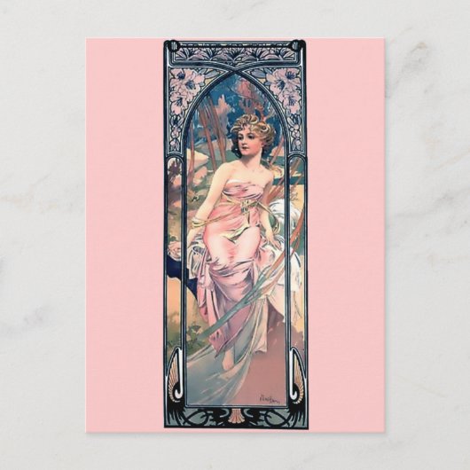 Mucha-vrouw roze romantische jurk-decodame briefkaart (Voorkant)