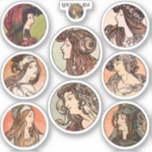 Mucha Vrouwen Portretten Cirkel Sticker Blad (Voorkant)