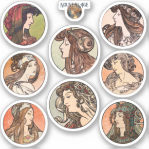 Mucha Vrouwen Portretten Cirkel Sticker Blad
