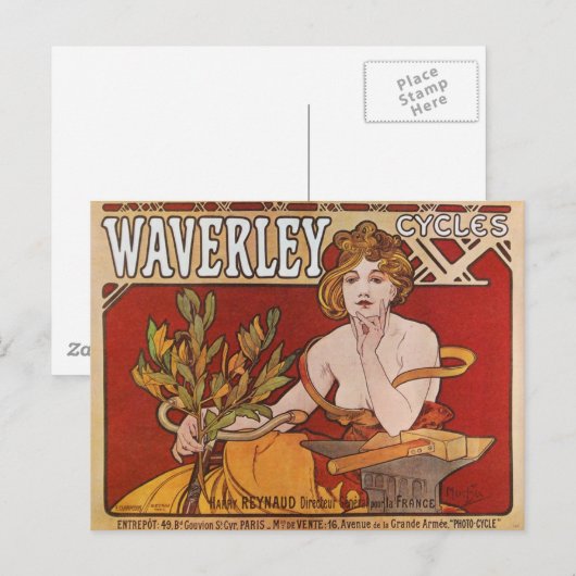 Mucha ~ Waverley Cycles 1898 Briefkaart (Voorkant / Achterkant)