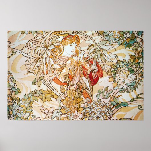 Mucha Woman met een Daisy Art Nouveau Poster Print (Voorkant)