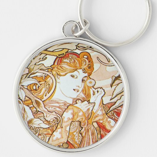 Mucha Woman met een Daisy Art Nouveau Sleutelhange Sleutelhanger (Voorkant)