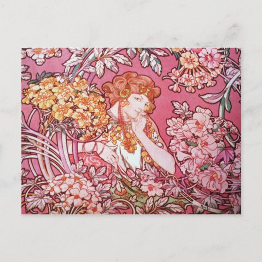 Mucha Woman onder Flowers Art Nouveau Briefkaarten (Voorkant)