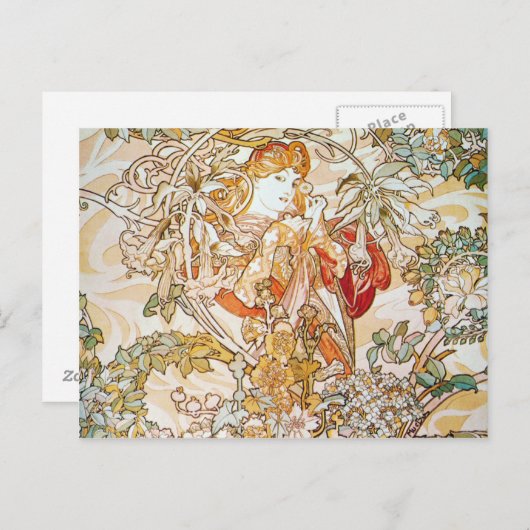 Mucha Woman with Daisy Art Nouveau Briefkaarten (Voorkant / Achterkant)