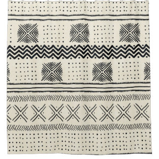 Mud Cloth Geometric Stripe in Black en Cream Douchegordijn