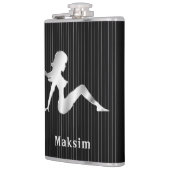 Mud Flap Girl, gelinkt op zwarte fles Heupfles (Links)