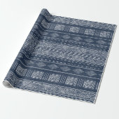 Mudcloth Geïnspireerd Blauw en Wit Tribal Geometri Cadeaupapier (Uitgerold)