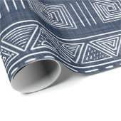 Mudcloth Geïnspireerd Blauw en Wit Tribal Geometri Cadeaupapier (Rol Hoek)