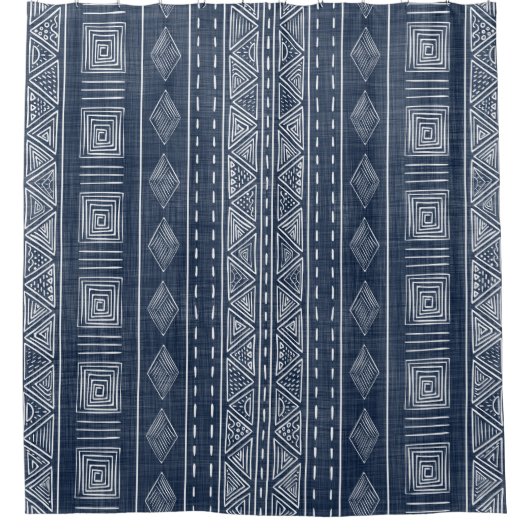 Mudcloth Geïnspireerd Navy Blauw en Wit Tribal Pri Douchegordijn (Voorkant)