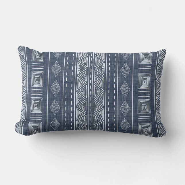 Mudcloth Style Navy Blue en White Tribal Pattern Buitenkussen (Voorkant)