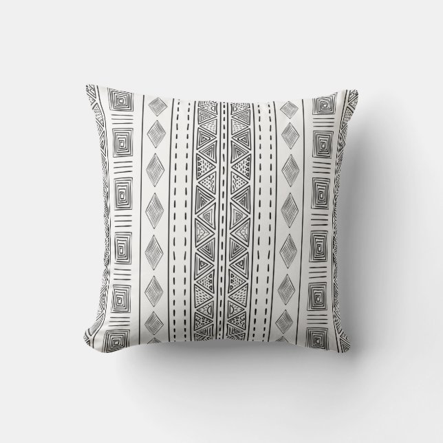 Mudcloth Tribal Pattern White en Black Kussen (Voorkant)