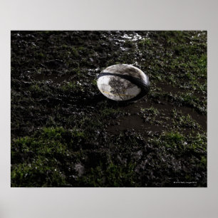 Muddy rugby ball zit op een kauwgras. poster