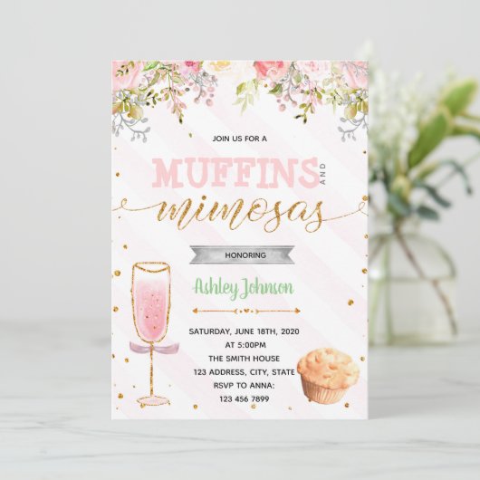Muffins en Mimosas feestuitnodiging Kaart (Staand voorkant)