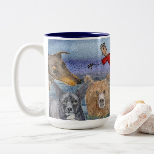 Mug #3 Joanna Flying Over Animals  Tweekleurige Koffiemok (Met donut)