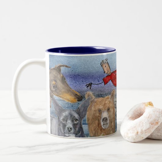 Mug #3 Joanna Flying Over Animals Tweekleurige Koffiemok (Met donut)