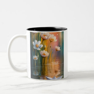 Mug Droomachtige Papieren Boot & Witte Bloemen bij Tweekleurige Koffiemok