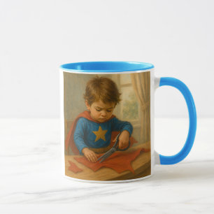 Mug een kind maakt zijn vermomming. mok