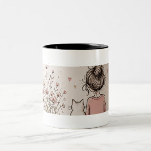 Mug met leuk meisje en kat tweekleurige koffiemok