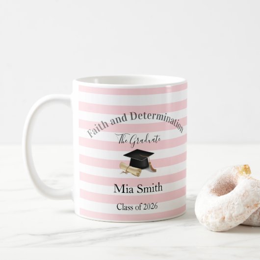 Mug Pink & White Stripe Graduate 2026 Koffiemok (Met donut)