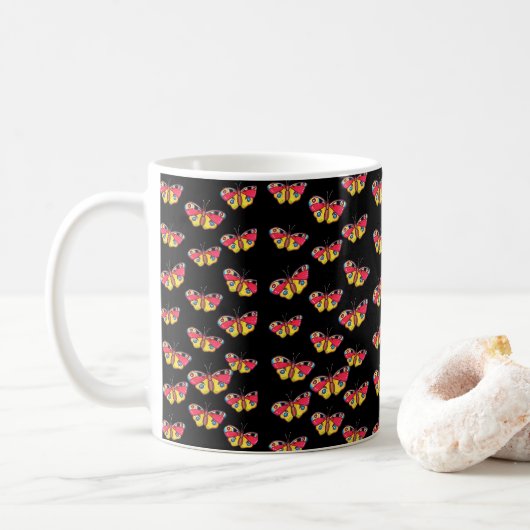 Mug with butterflies on black background koffiemok (Met donut)