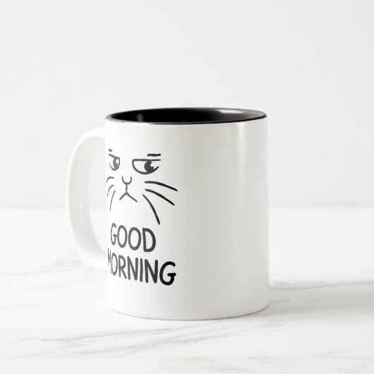 Mug with Cat, good morning, grumpy cat Tweekleurige Koffiemok (Voorkant links)