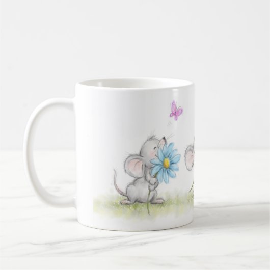 mug with three cute mice holding pretty flowers koffiemok (Links)