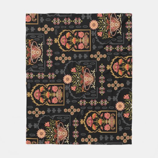 Mughal bloemmotief: zwart naadloos. fleece deken (Voorkant)