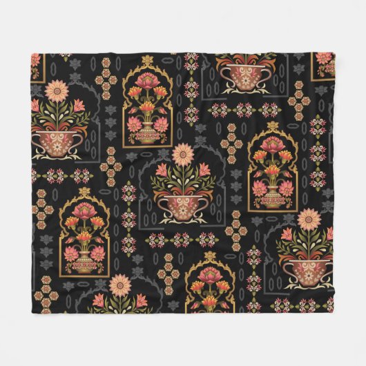 Mughal bloemmotief: zwart naadloos. fleece deken (Voorkant (Horizontaal))