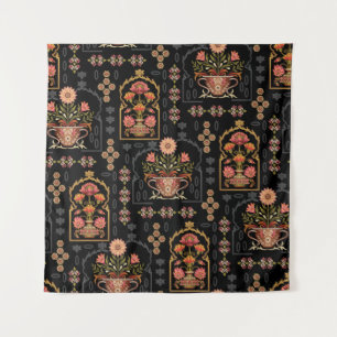 Mughal bloemmotief: zwart naadloos. wandkleed
