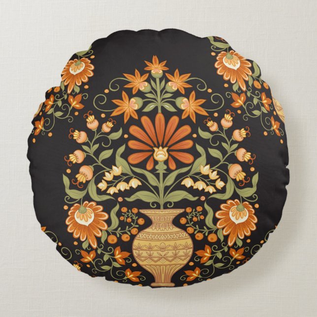 Mughal Fantasy: Retro Bloemenweelde Rond Kussen (Voorkant)