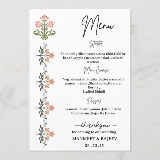 Mughal Natural Motif Indian Wedding Menu (Voorkant)