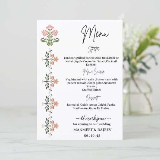 Mughal Natural Motif Indian Wedding Menu  (Staand voorkant)