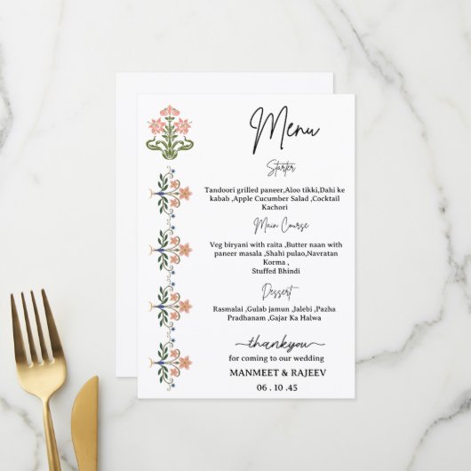 Mughal Natuurlijk Motief Indiase Trouwmenu Menu (Voorkant / Achterkant in situ)