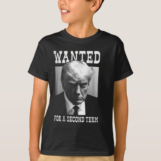 Mugshot gezocht voor tweede termijn 2024 (op rug) t-shirt (Voorkant)