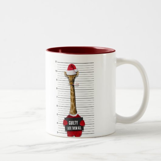 Mugshot Guilty Giraffe Funny Kerstmis Tweekleurige Koffiemok (Rechts)