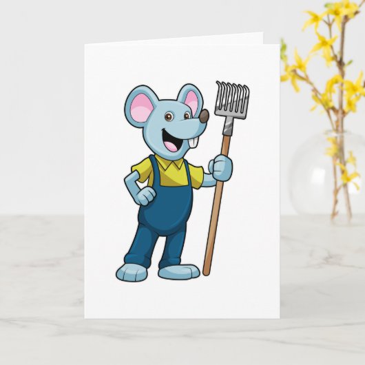 Muis als boer met hark kaart (Gele Bloem)