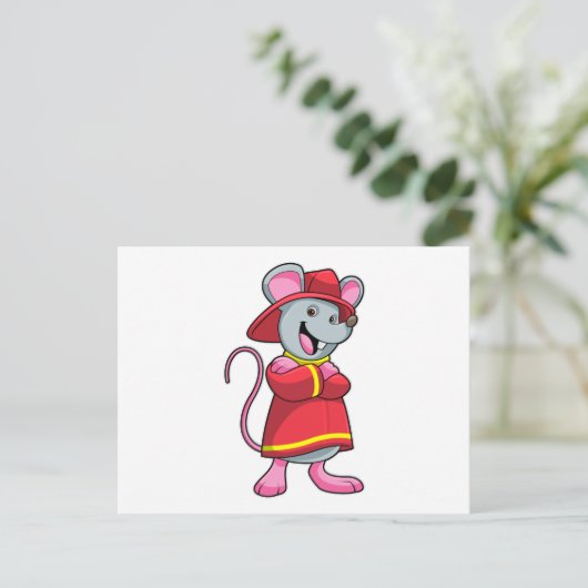 Muis als brandweerman met helm briefkaart (Staand voorkant)