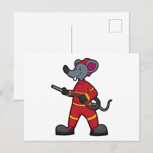 Muis als brandweerman met slang briefkaart (Voorkant / Achterkant)