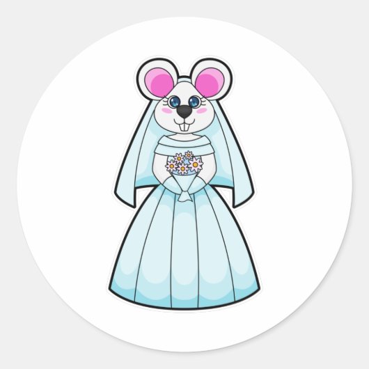 Muis als bride met bloemen ronde sticker (Voorkant)