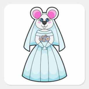 Muis als bruid met bos bloemen vierkante sticker