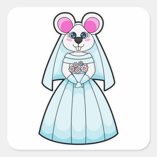 Muis als bruid met bos bloemen vierkante sticker (Voorkant)