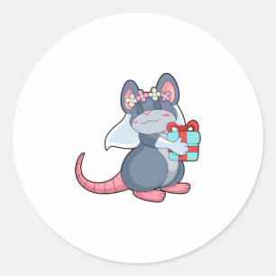 Muis als bruid met sluier & geschenk.PNG Ronde Sticker