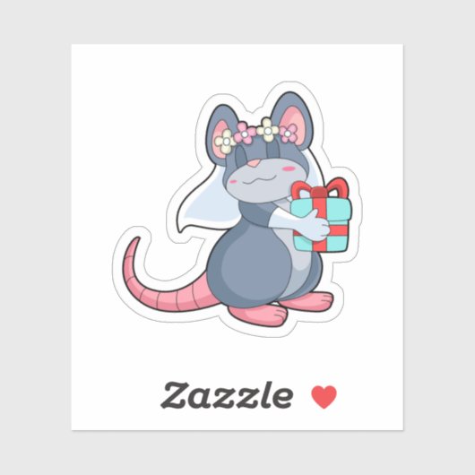 Muis als bruid met sluier & geschenk.PNG Sticker (Vel)