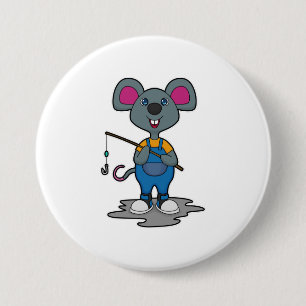 Muis als Fisher met Geviste staaf Ronde Button 7,6 Cm