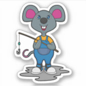 Muis als Fisher met Geviste staaf Sticker (Voorkant)