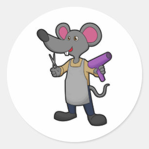 Muis als hairdresser met schaar- en haardroger ronde sticker