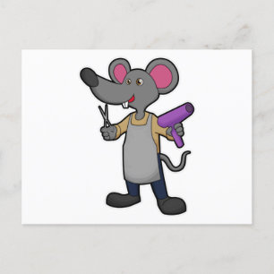 Muis als kapper met schaar en föhn briefkaart