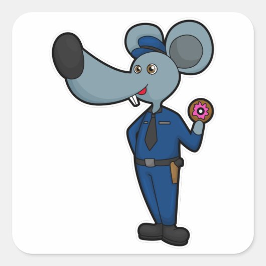 Muis als politieagent met donut vierkante sticker (Voorkant)