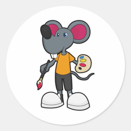 Muis als schilder met verf en penseel ronde sticker (Voorkant)