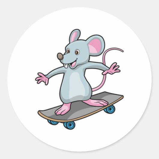 Muis als Skater met skateboard Ronde Sticker (Voorkant)
